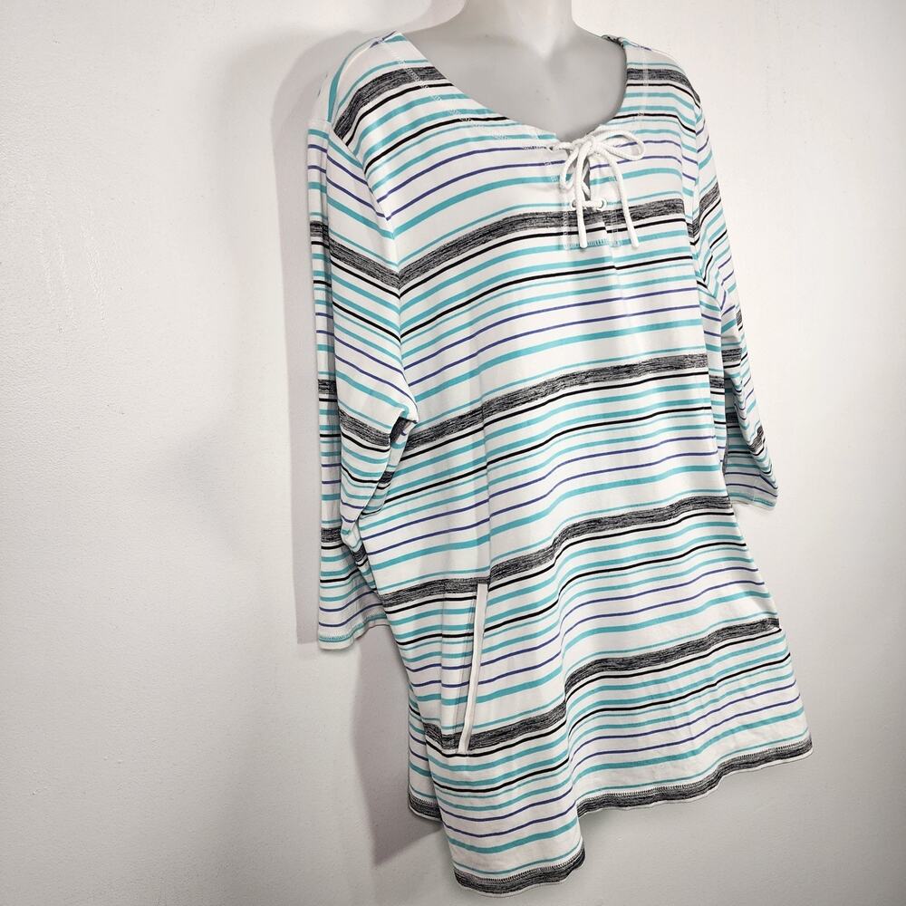 T By Talbots Womens Top Preppy Stripe Laceup Pullover 3/4 Sleeve Relax Pocket 2X - Picture 9 of 12
